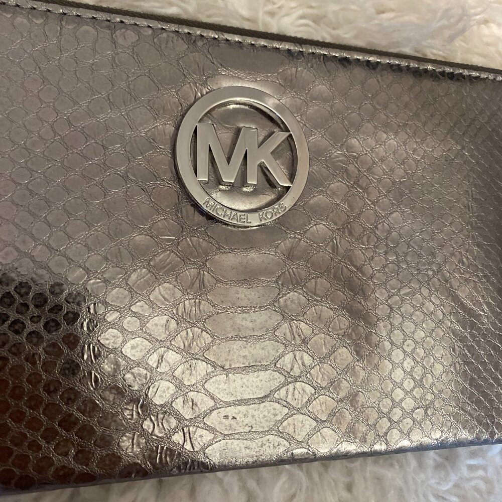 Metallic Silver Michael Kors Python Wristlet Clut… - image 2